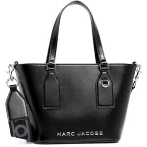 Marc Jacobs Black Silver Faux Leather Double Handle Small Satchel Bag Tote Purse